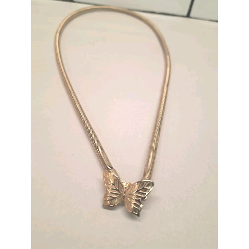 Vtg Gold Tone Skinny Stretchy Serpentine Snake Necklace Butterfly buckle 21"